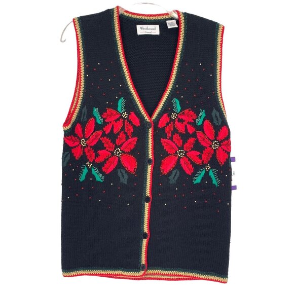 Vintage Christmas Sweater Vest Westbound S Black Poinsettia Embroidered Beaded - Picture 1 of 13